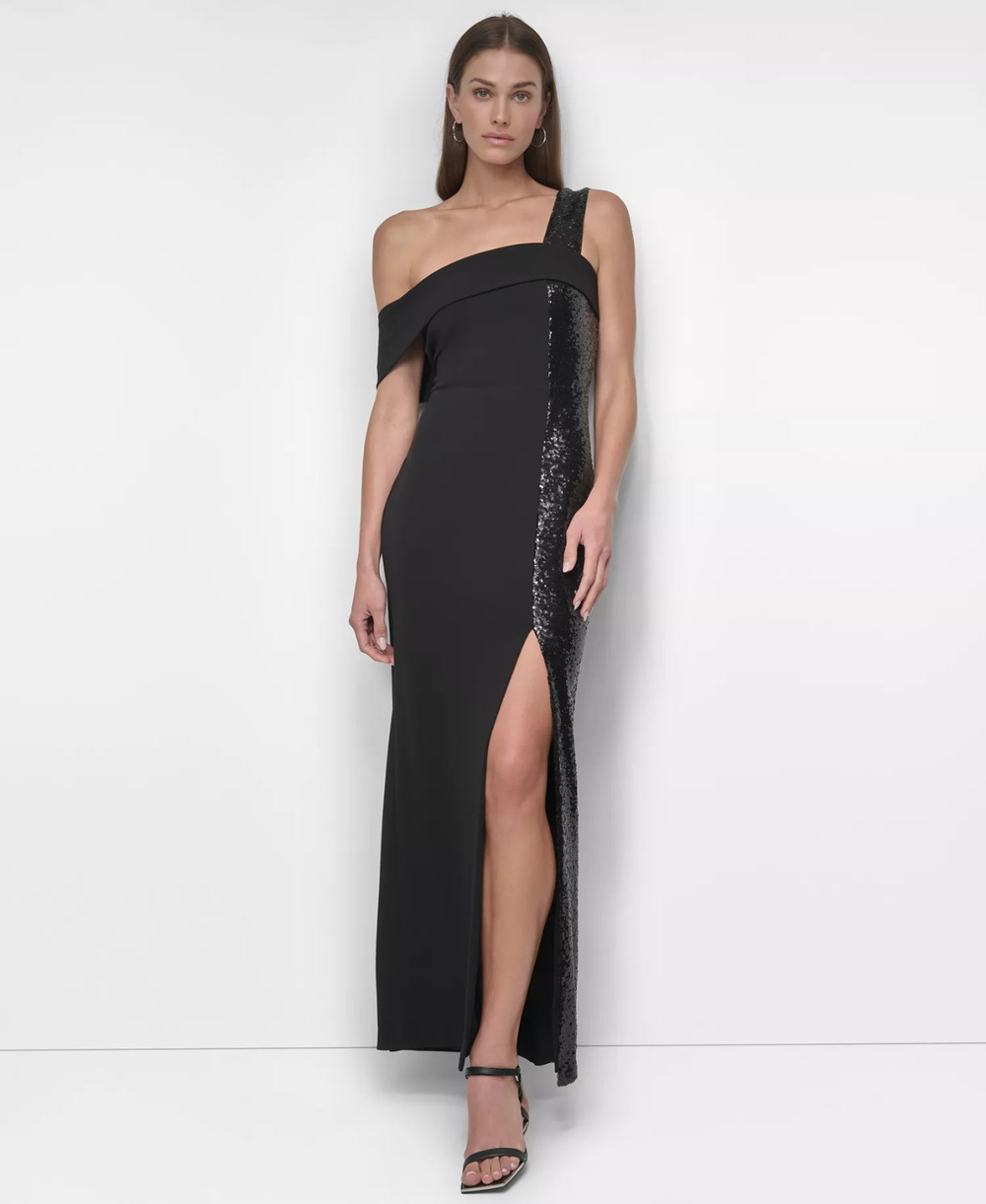 DKNY Women's Black One-Shoulder Sequin-Strip Gown Dress Size 8, MSRP: 249$